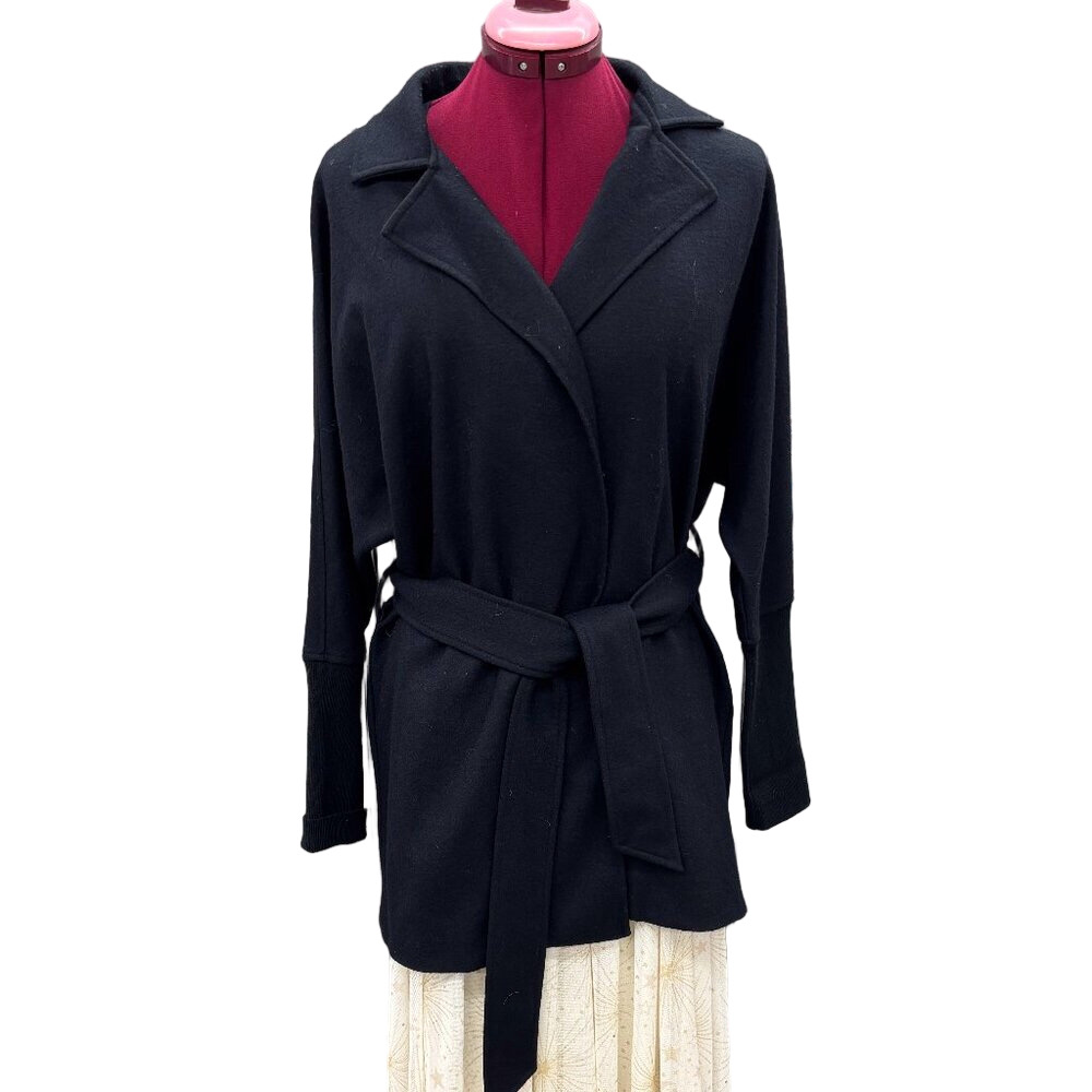 Minimalist Black Belted Cardigan Coat with Extended Knit Cuffs – Size Small
